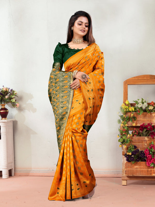 Vedant Vastram Litchi Silk Designer Banarasi Saree - Mustard - Distacart