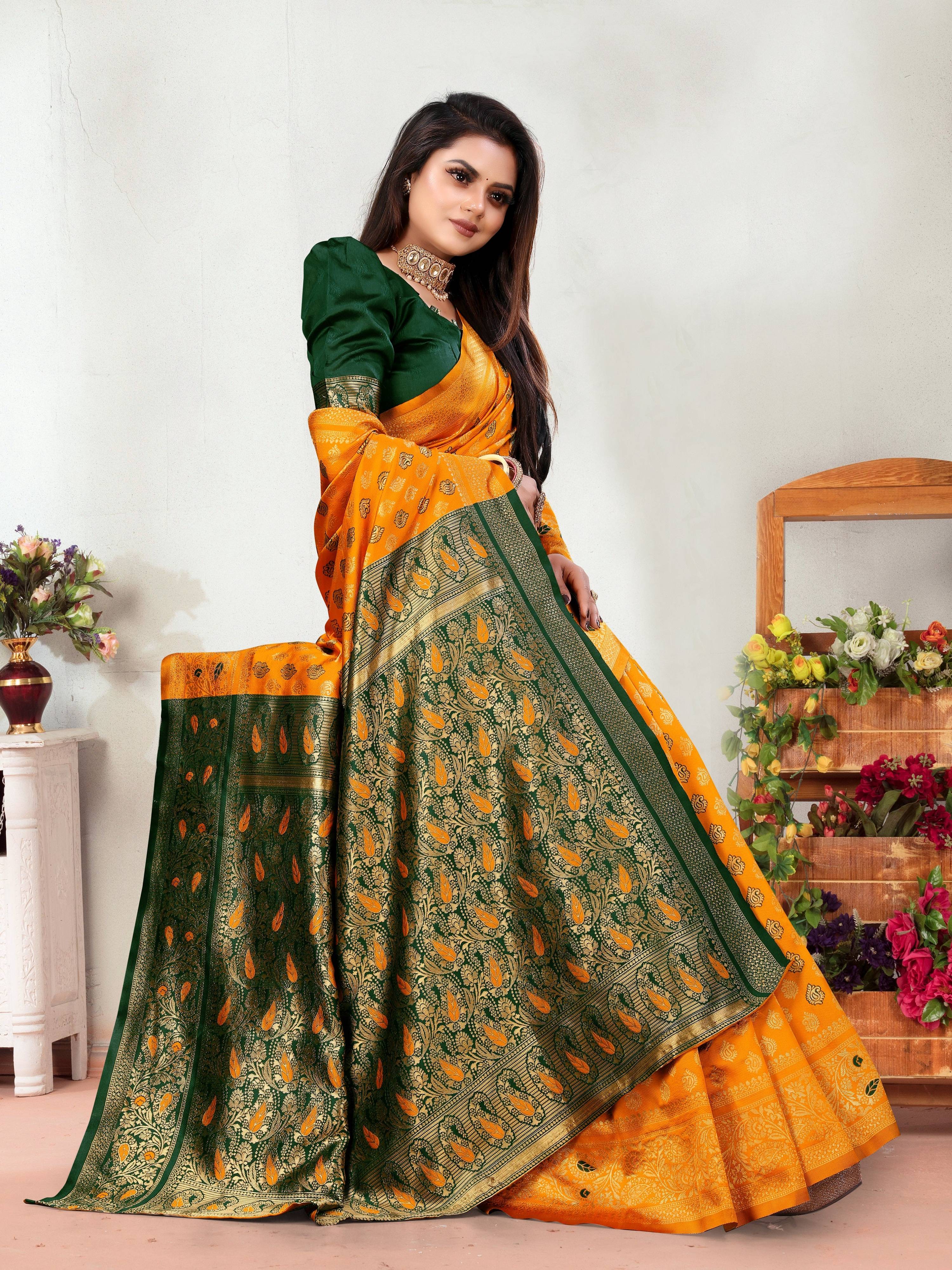 Vedant Vastram Litchi Silk Designer Banarasi Saree - Mustard - Distacart
