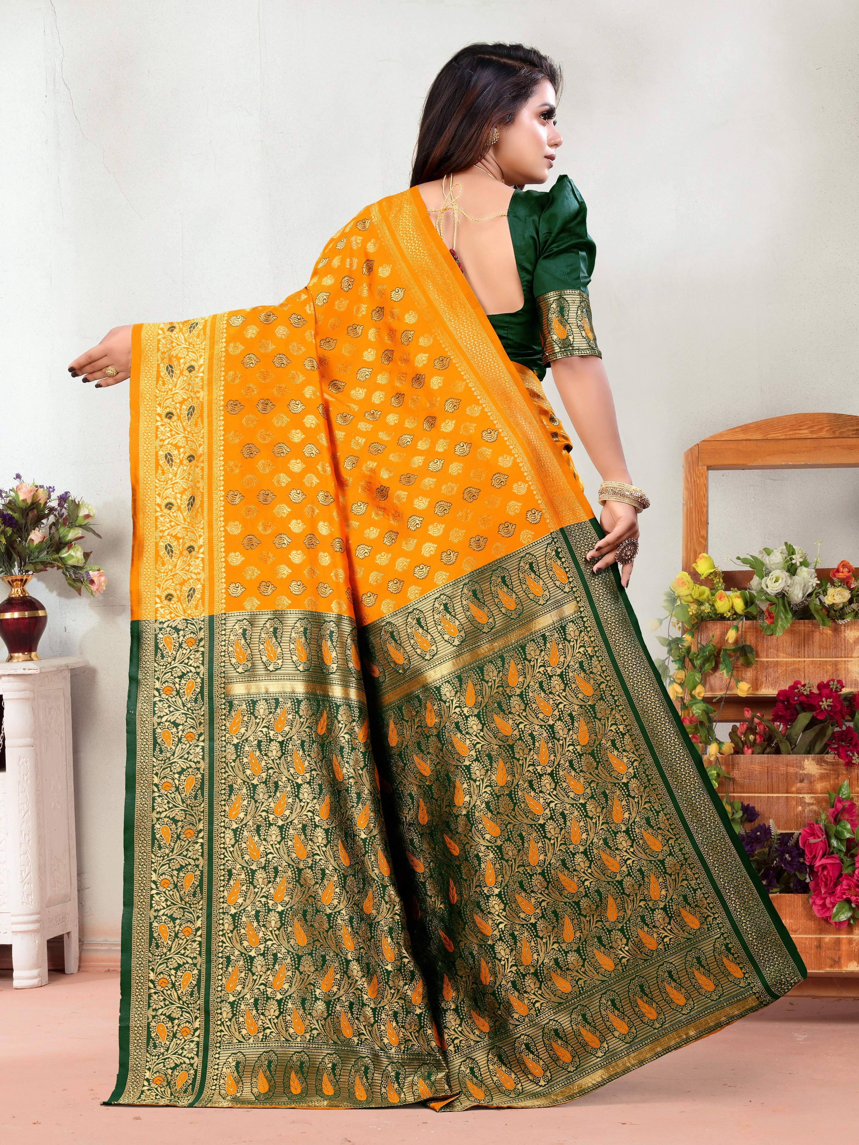 Vedant Vastram Litchi Silk Designer Banarasi Saree - Mustard - Distacart