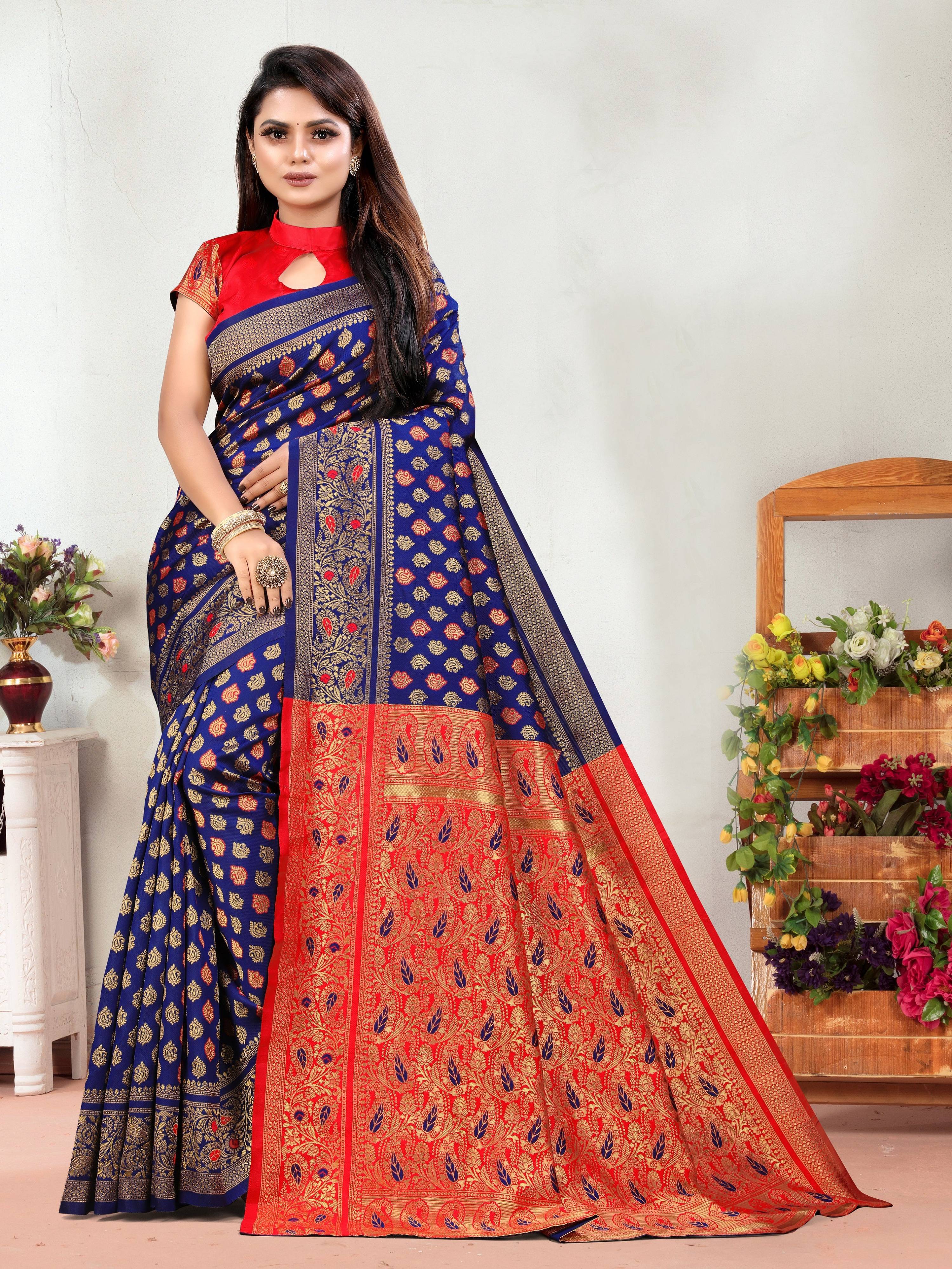 Vedant Vastram Litchi Silk Designer Banarasi Saree - Navy - Distacart