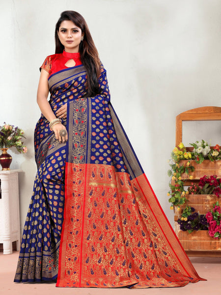 Vedant Vastram Litchi Silk Designer Banarasi Saree - Navy - Distacart