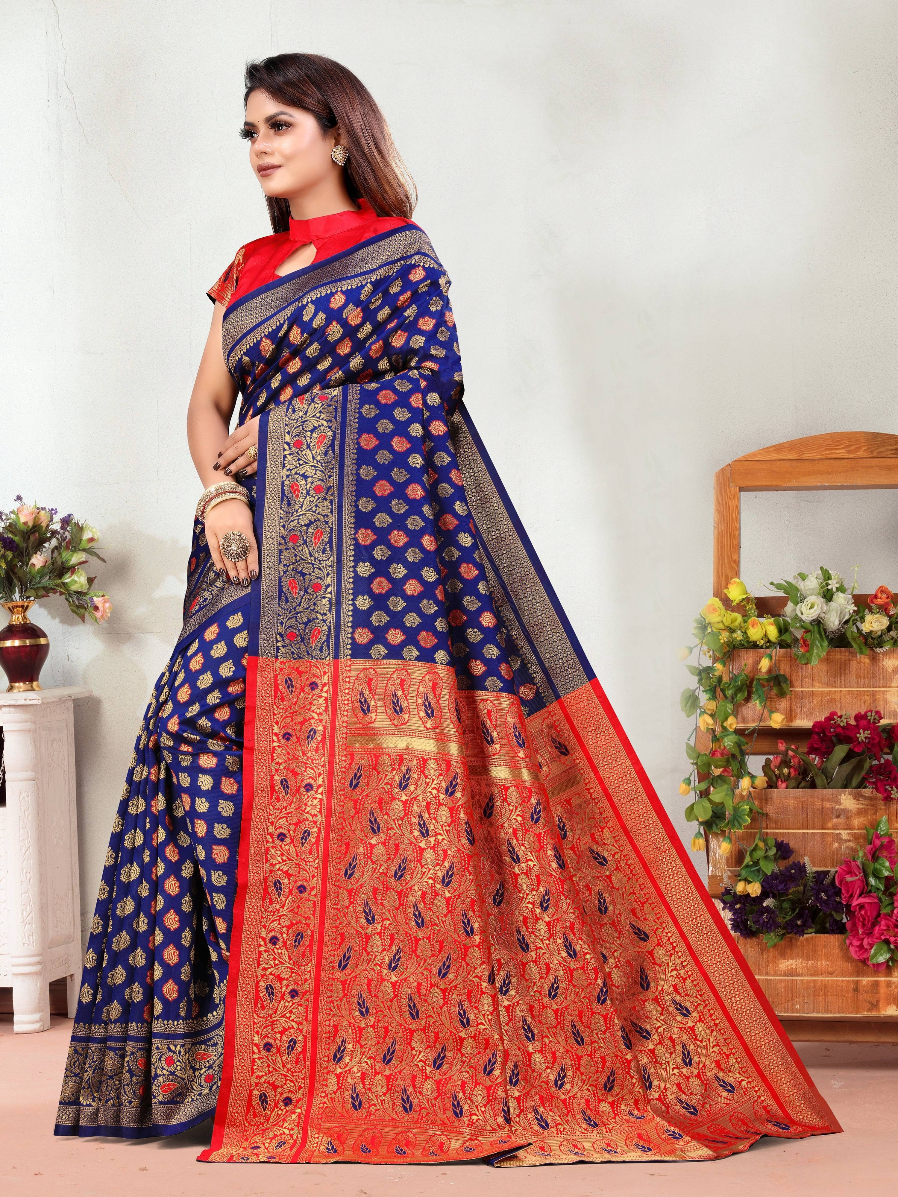 Vedant Vastram Litchi Silk Designer Banarasi Saree - Navy - Distacart