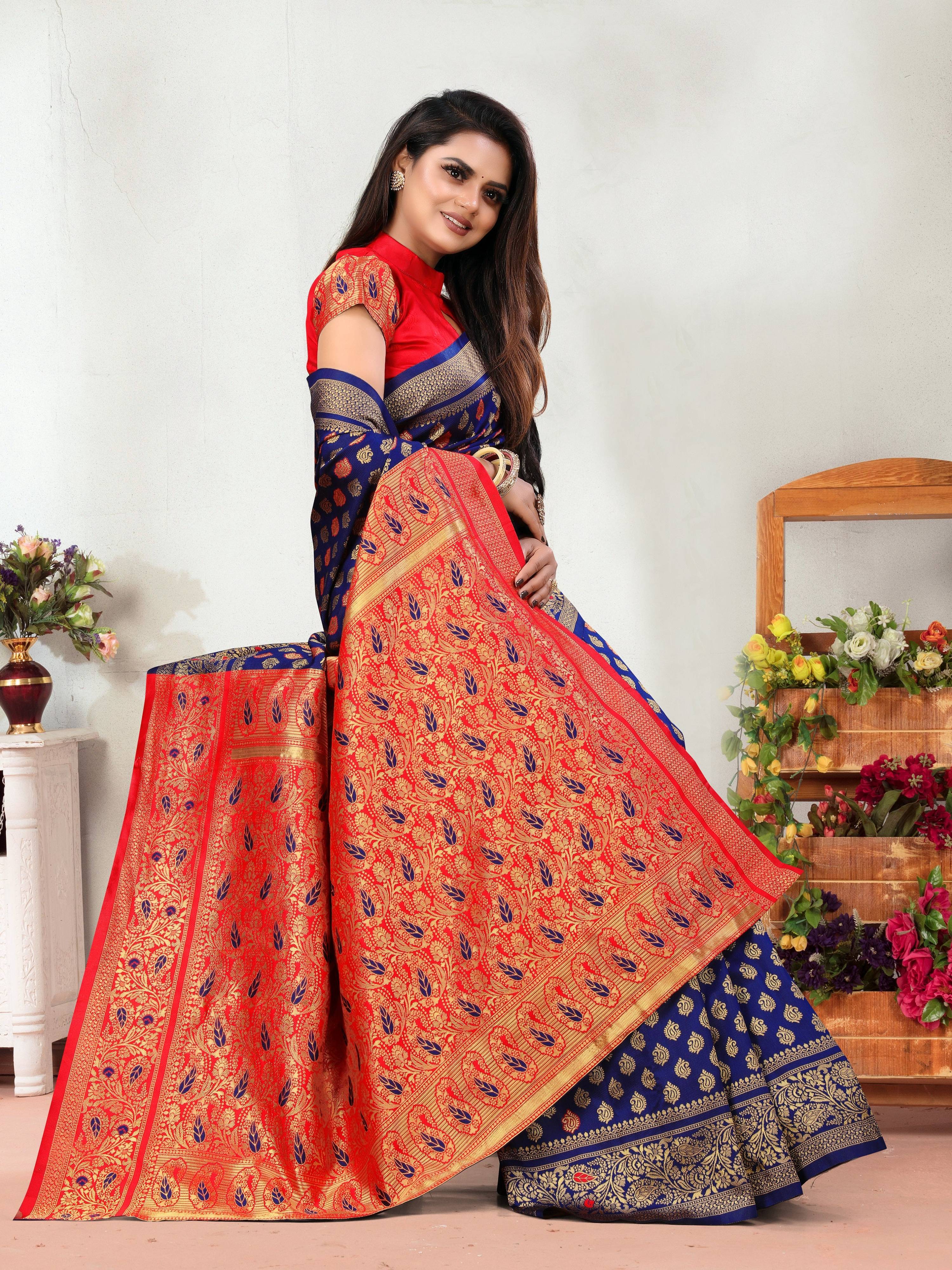 Vedant Vastram Litchi Silk Designer Banarasi Saree - Navy - Distacart