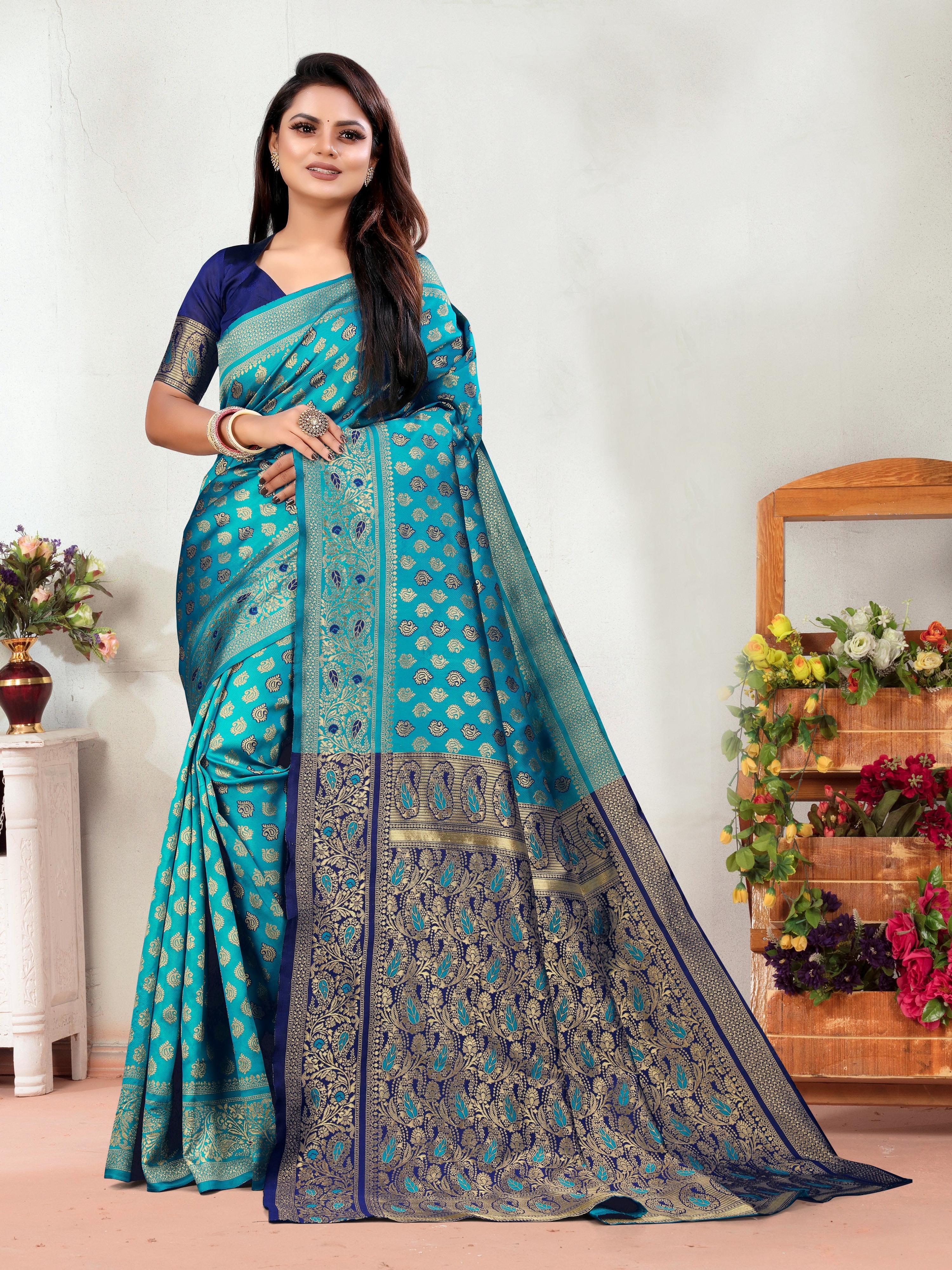 Vedant Vastram Litchi Silk Designer Banarasi Saree - Rama - Distacart