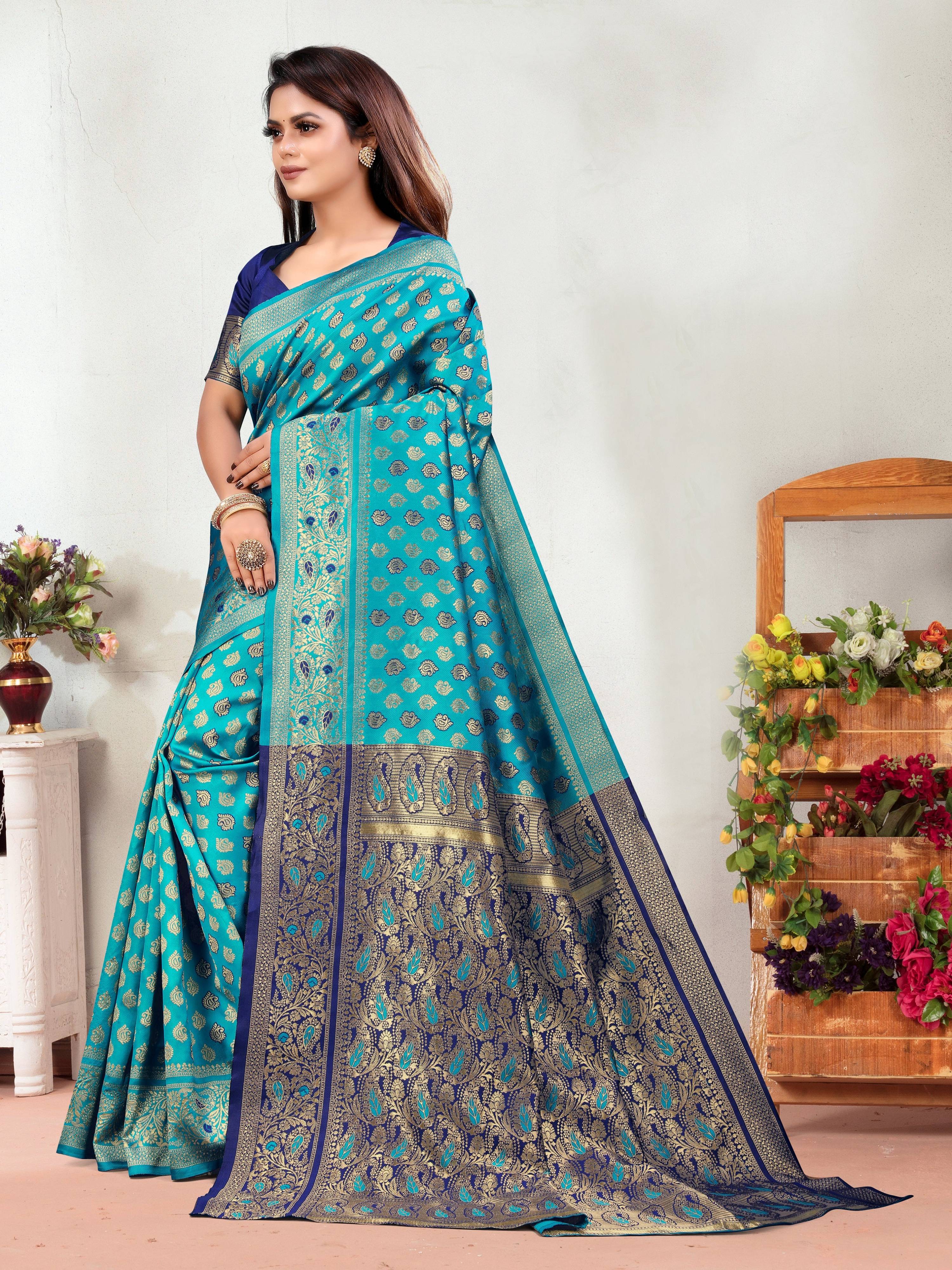 Vedant Vastram Litchi Silk Designer Banarasi Saree - Rama - Distacart