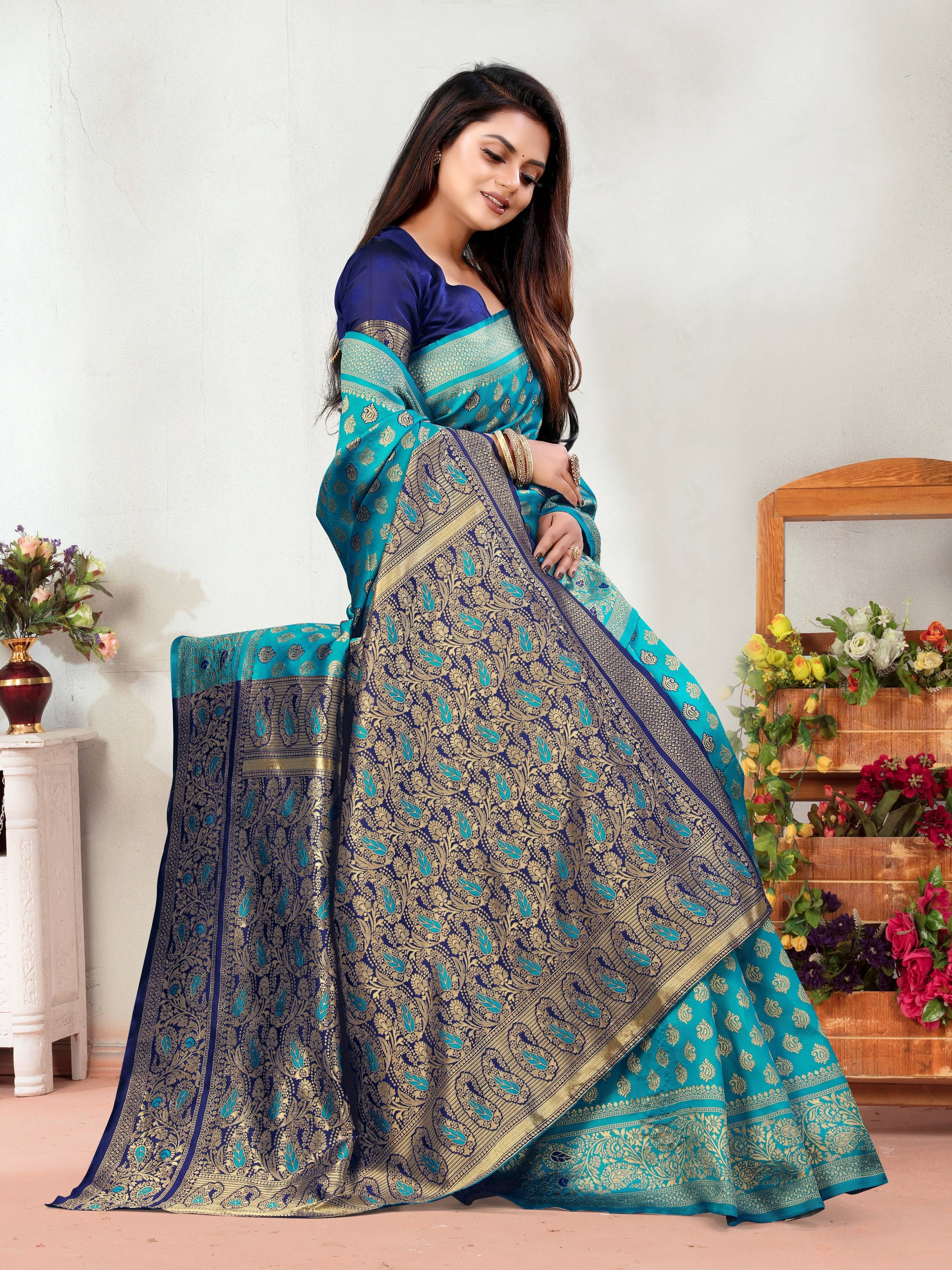 Vedant Vastram Litchi Silk Designer Banarasi Saree - Rama - Distacart