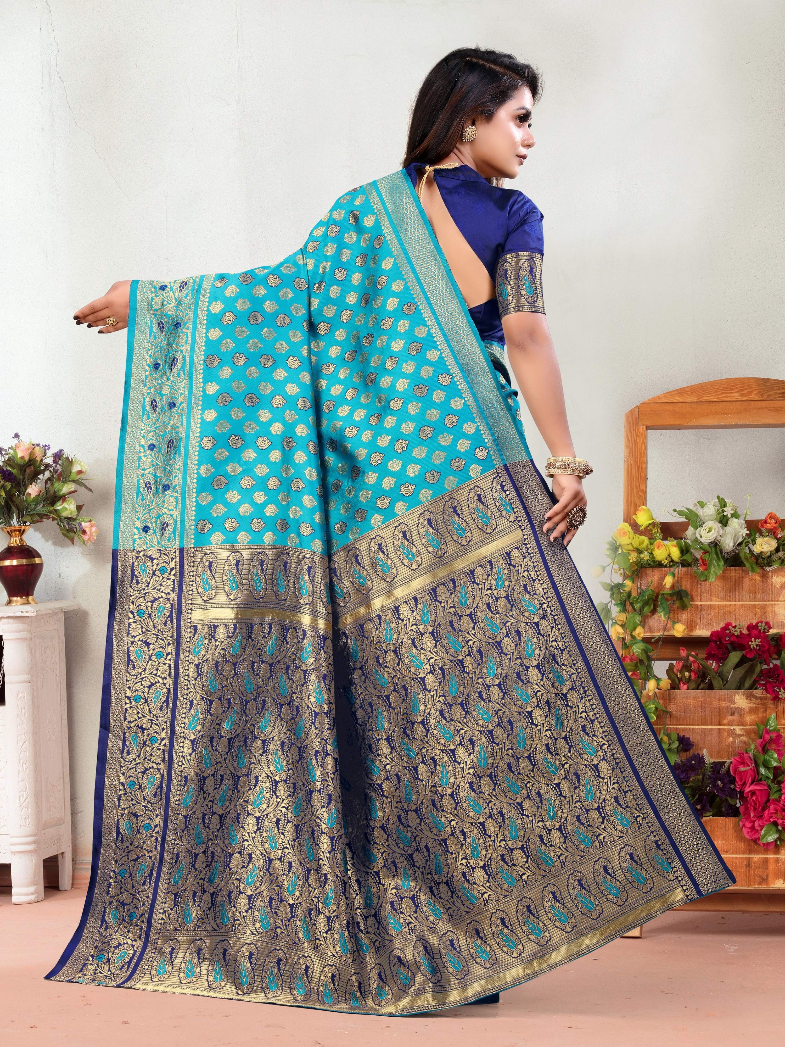 Vedant Vastram Litchi Silk Designer Banarasi Saree - Rama - Distacart