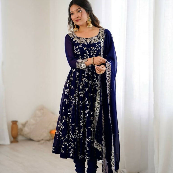 Teeya Creation Blue Color Heavy Faux Georgette Embroidery Work Gown