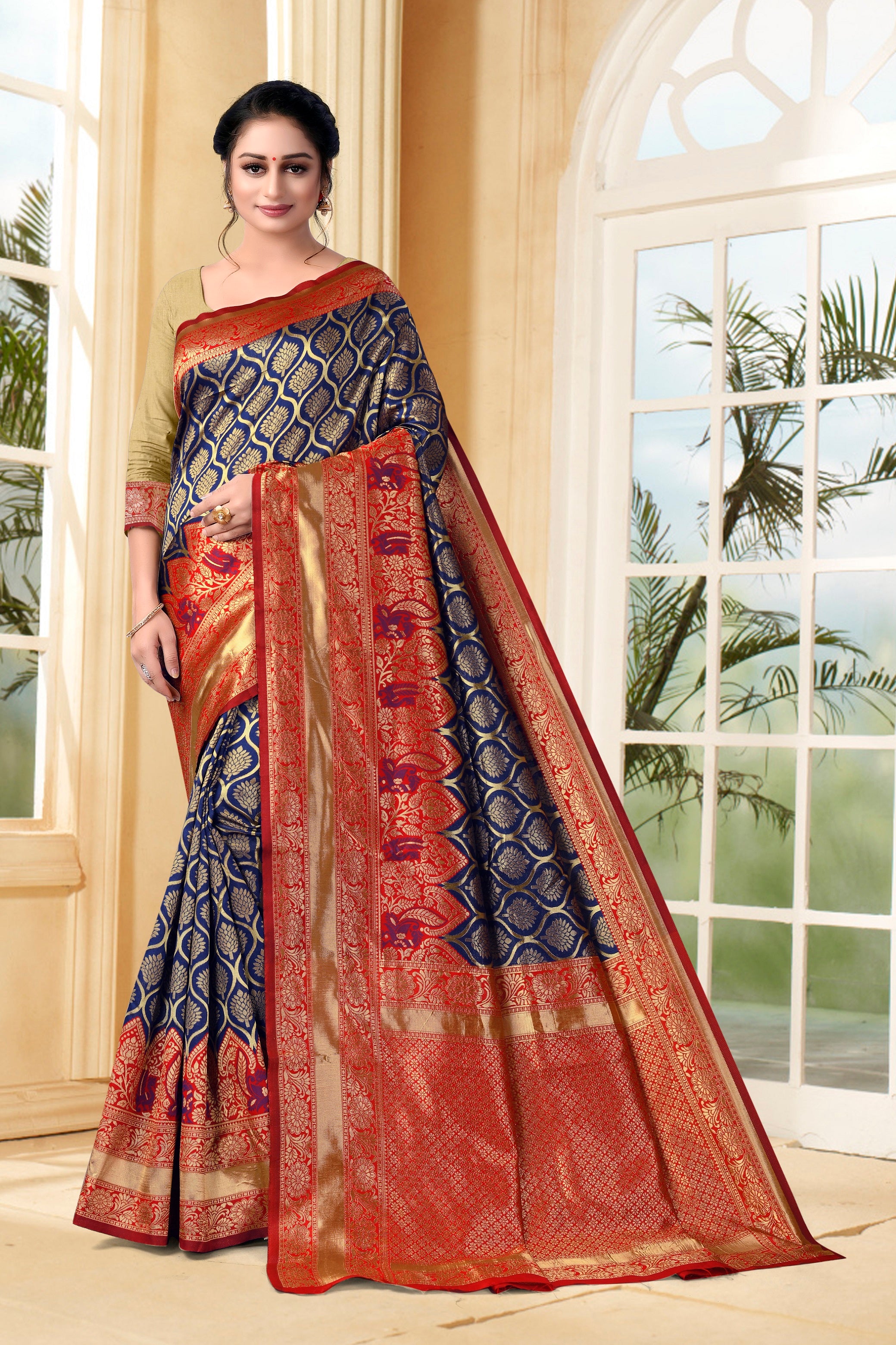 Vedant Vastram Litchi Silk Designer Banarasi Saree - Navy Blue - Distacart
