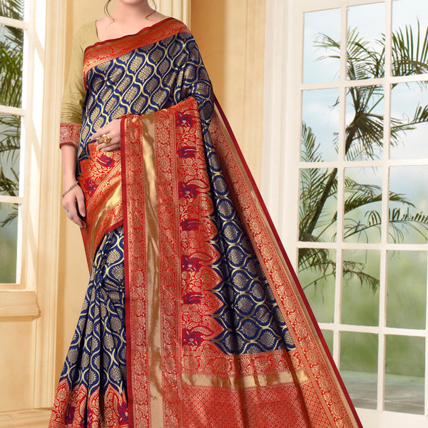 Vedant Vastram Litchi Silk Designer Banarasi Saree - Navy Blue - Distacart