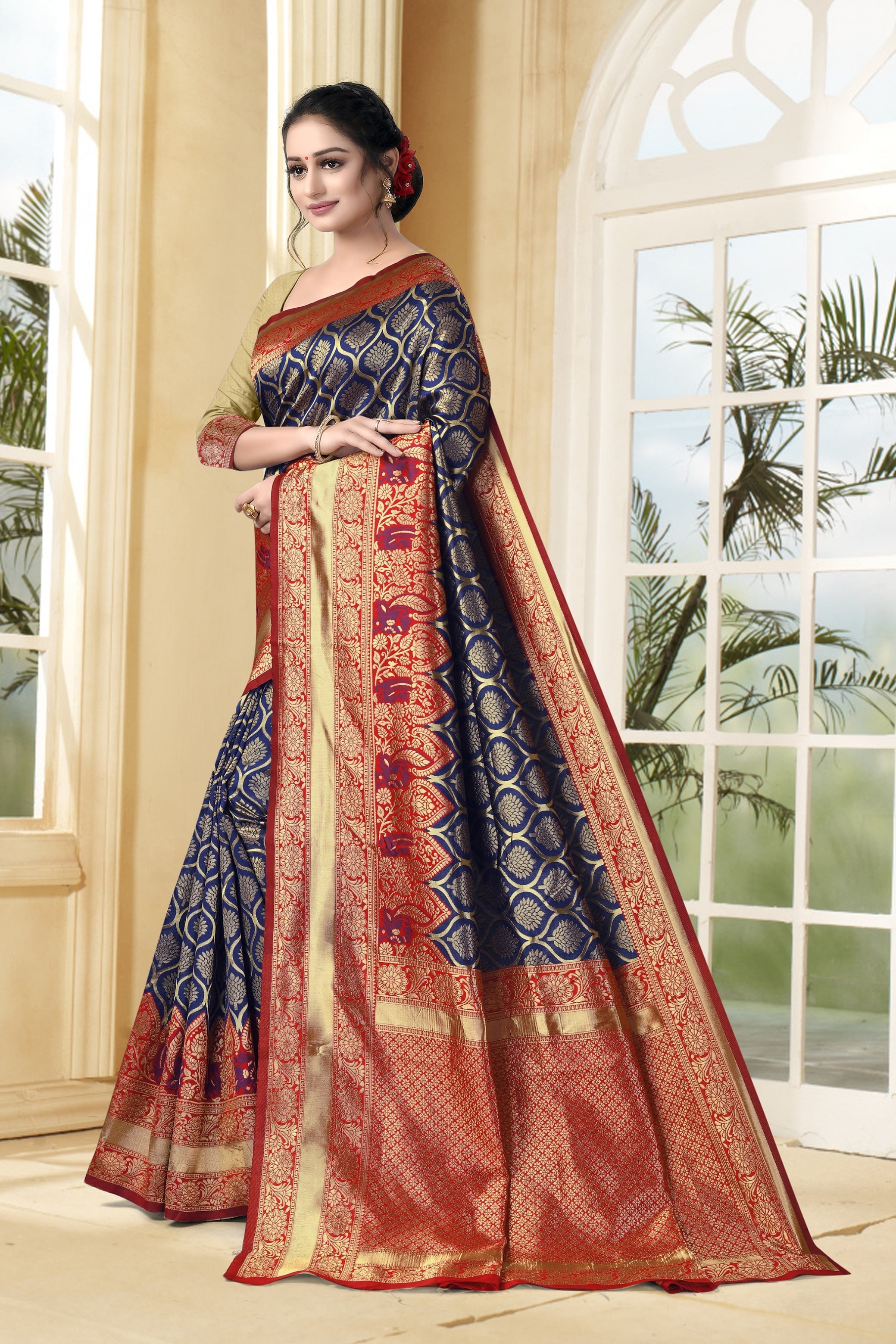 Vedant Vastram Litchi Silk Designer Banarasi Saree - Navy Blue - Distacart