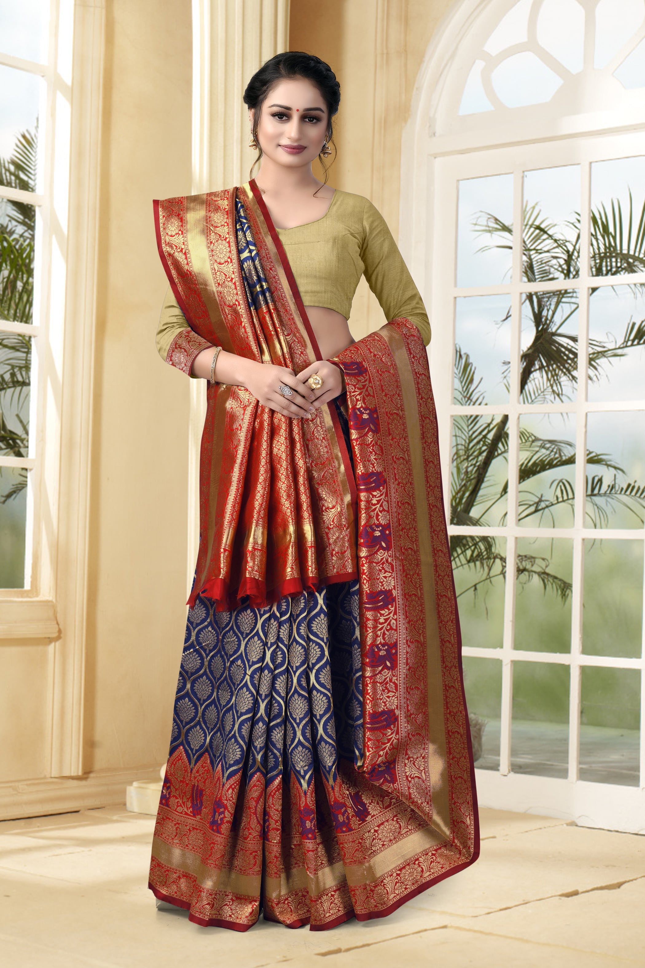 Vedant Vastram Litchi Silk Designer Banarasi Saree - Navy Blue - Distacart