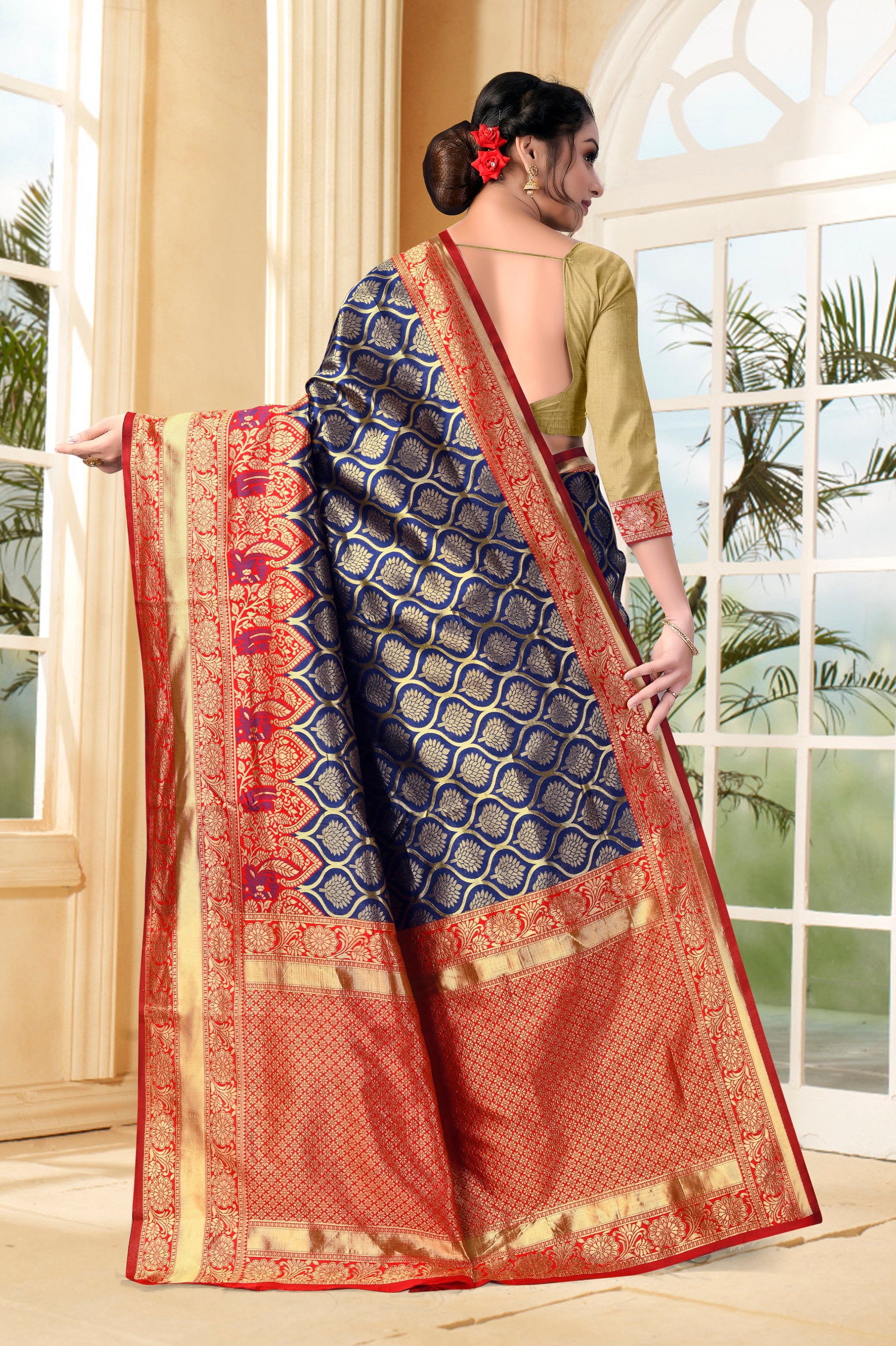 Vedant Vastram Litchi Silk Designer Banarasi Saree - Navy Blue - Distacart