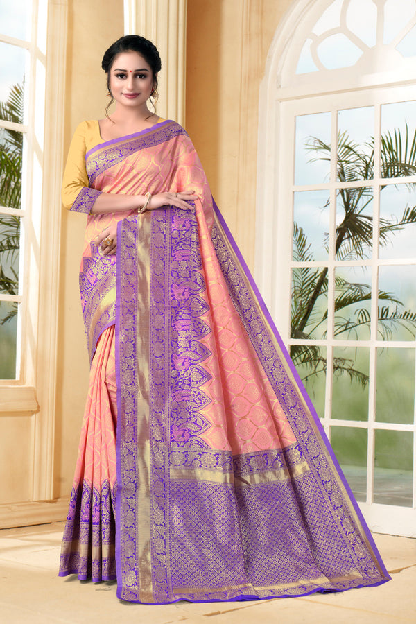 Vedant Vastram Litchi Silk Designer Banarasi Saree - Peach - Distacart
