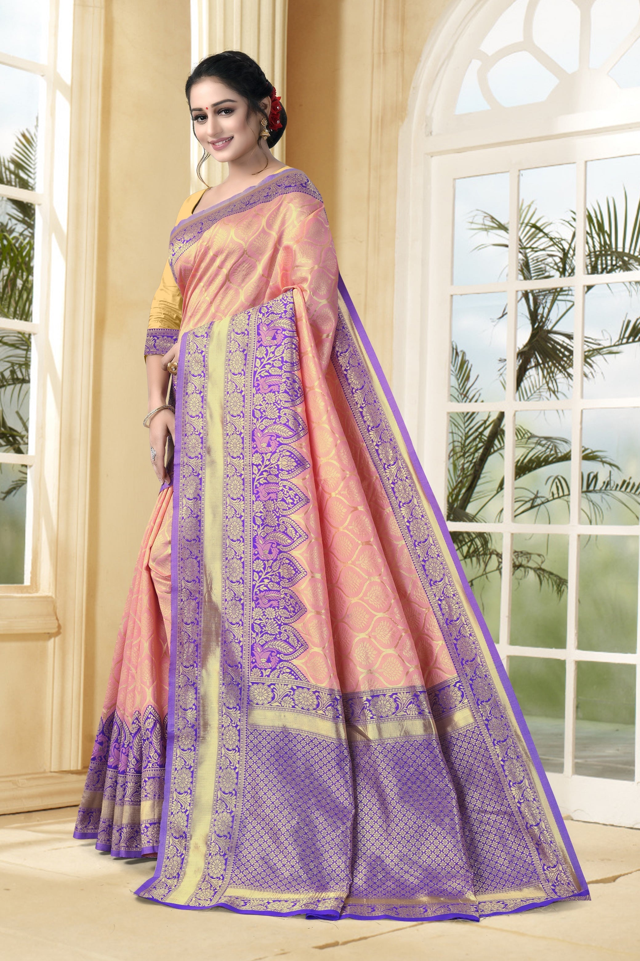 Vedant Vastram Litchi Silk Designer Banarasi Saree - Peach - Distacart