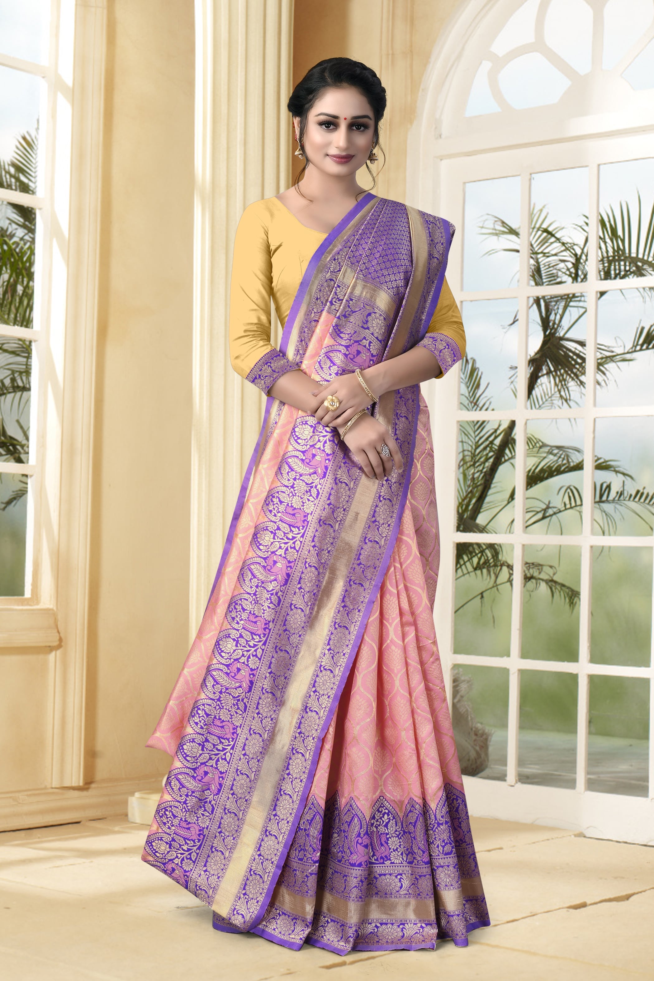 Vedant Vastram Litchi Silk Designer Banarasi Saree - Peach - Distacart