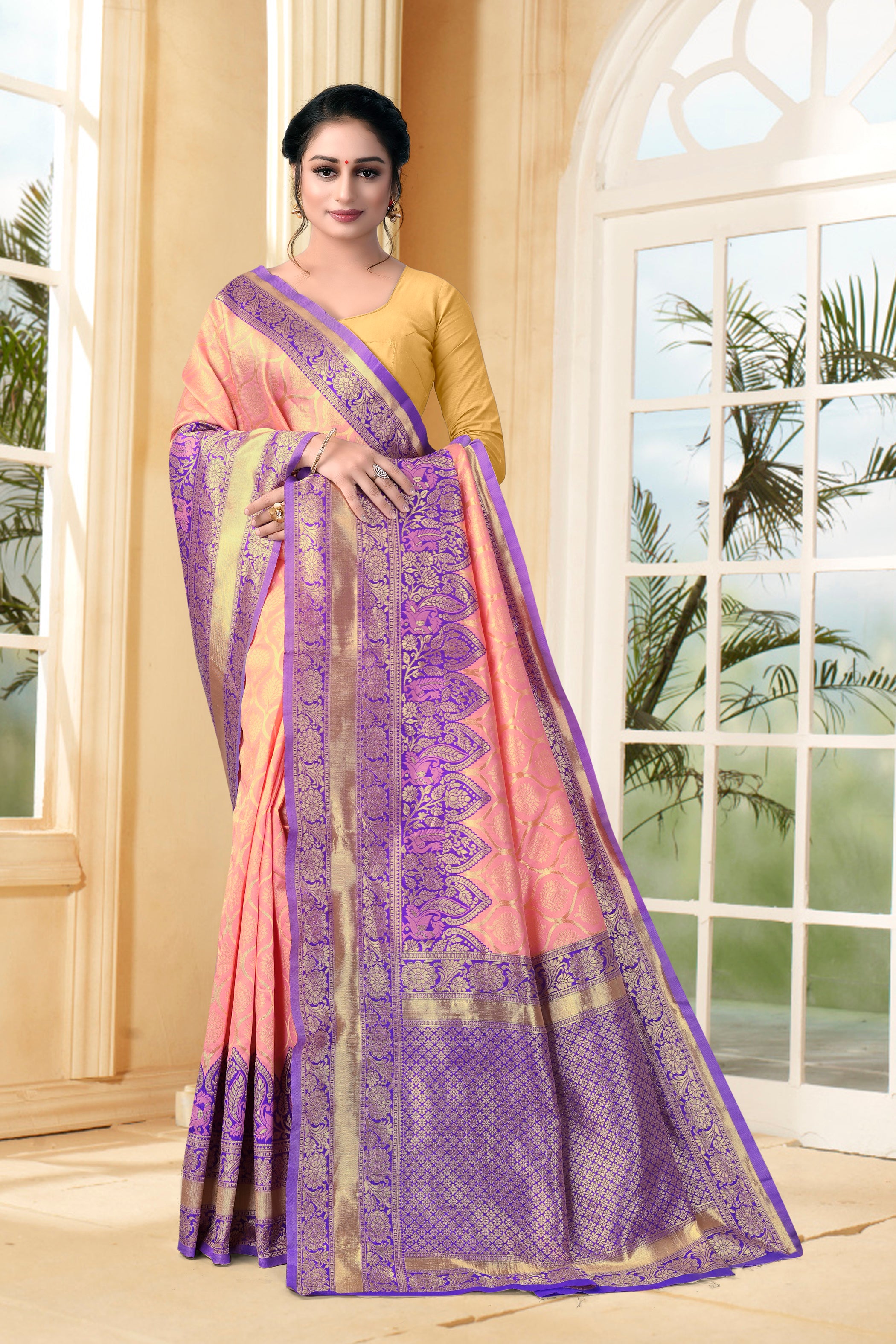 Vedant Vastram Litchi Silk Designer Banarasi Saree - Peach - Distacart