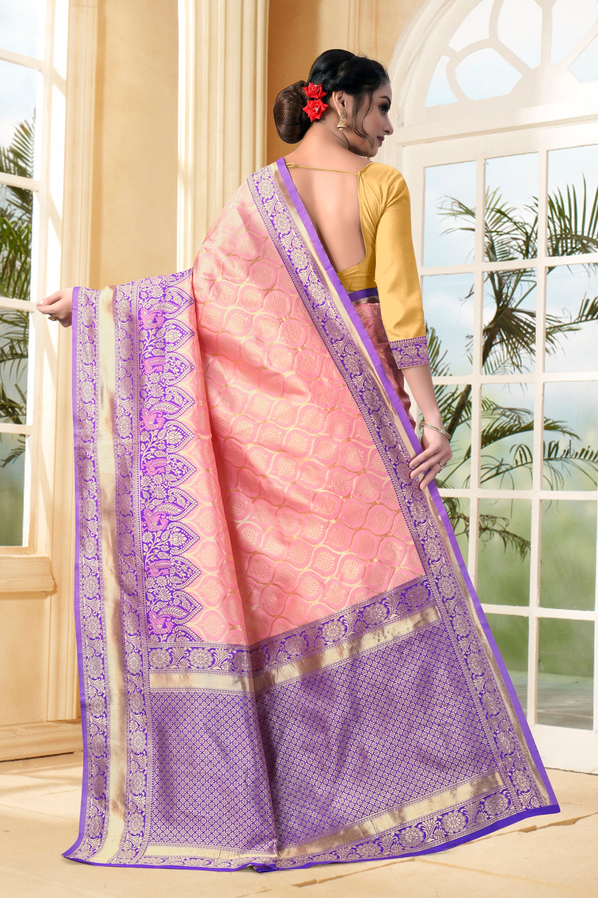 Vedant Vastram Litchi Silk Designer Banarasi Saree - Peach - Distacart
