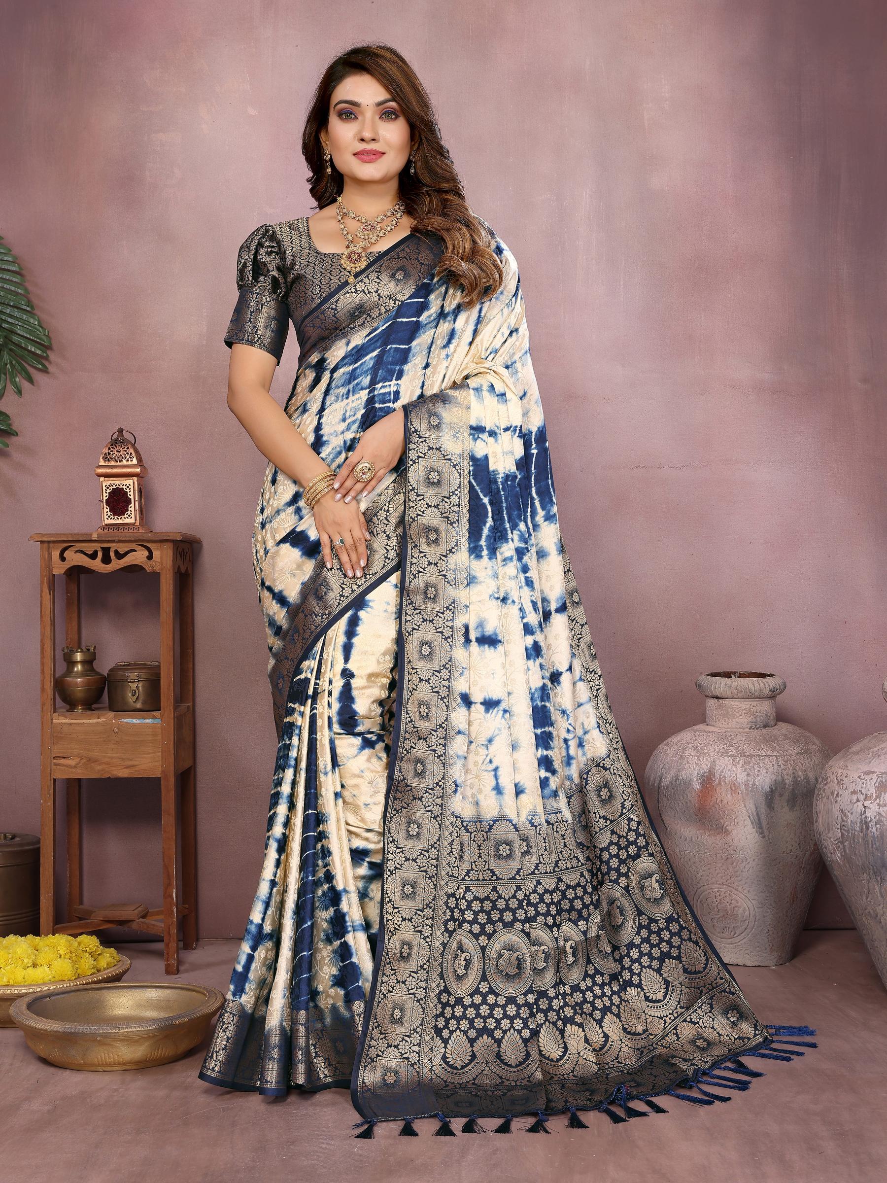 Anaita Navy Soft Satin Silk Saree With Zari Weaving Work - Distacart
