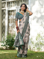 Thumbnail for Shree Shyam Fashion Cream With Dark Green Silk Blend Saree - Distacart