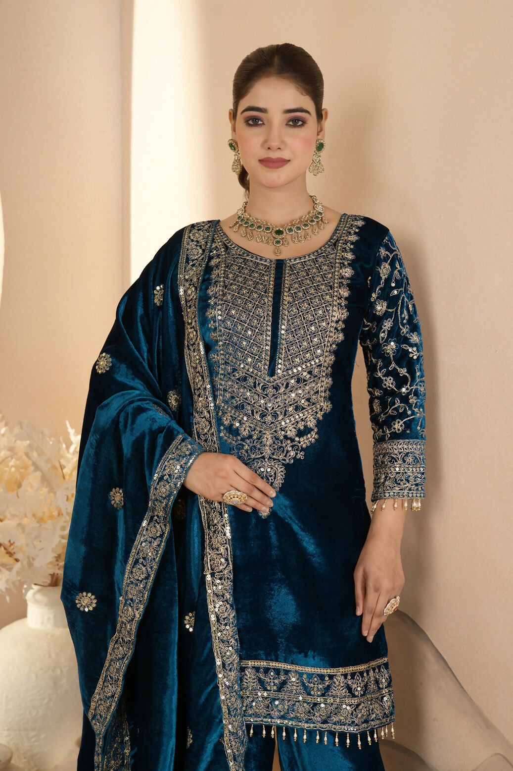 Joban Fashion Blue Velvet Sequence Embroidery Work Kurta Set