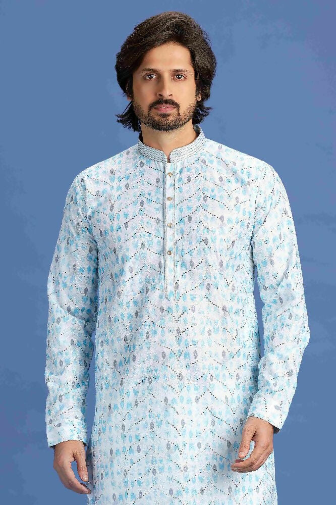 Raivat Ethnic Cotton Embroidery Kurta Pajama In Sky Blue Colour - Dista