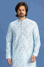 Thumbnail for Raivat Ethnic Cotton Embroidery Kurta Pajama In Sky Blue Colour - Dista