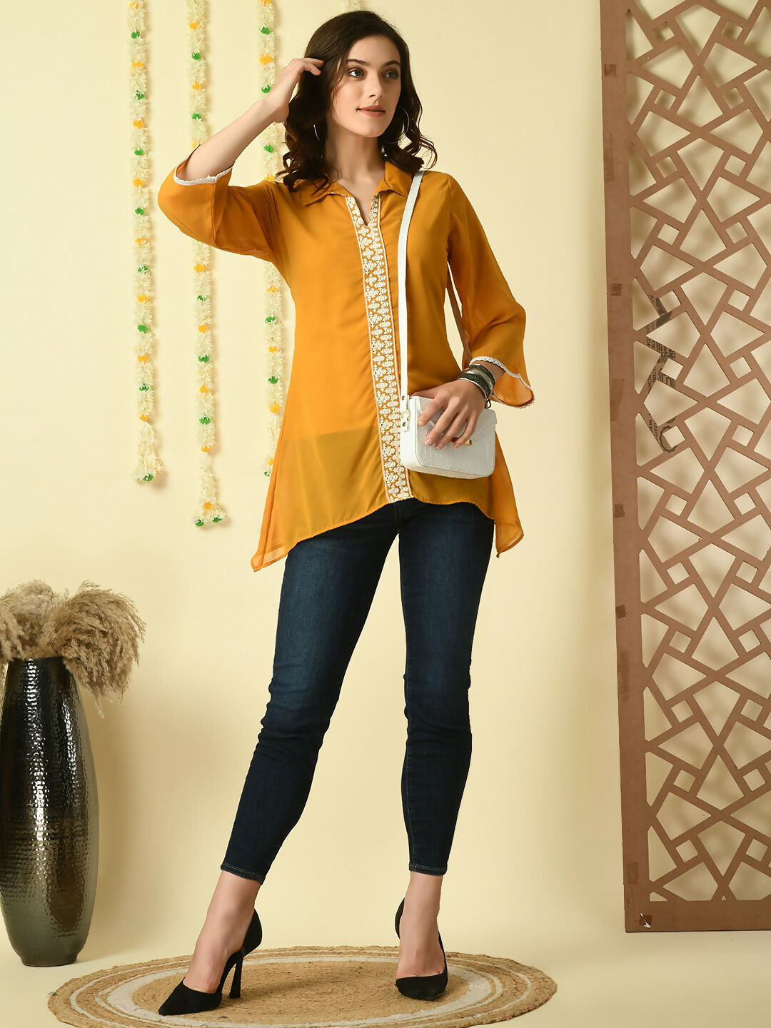 Myshka Women's Mustard Embroidered Party Fusion Top - Distacart