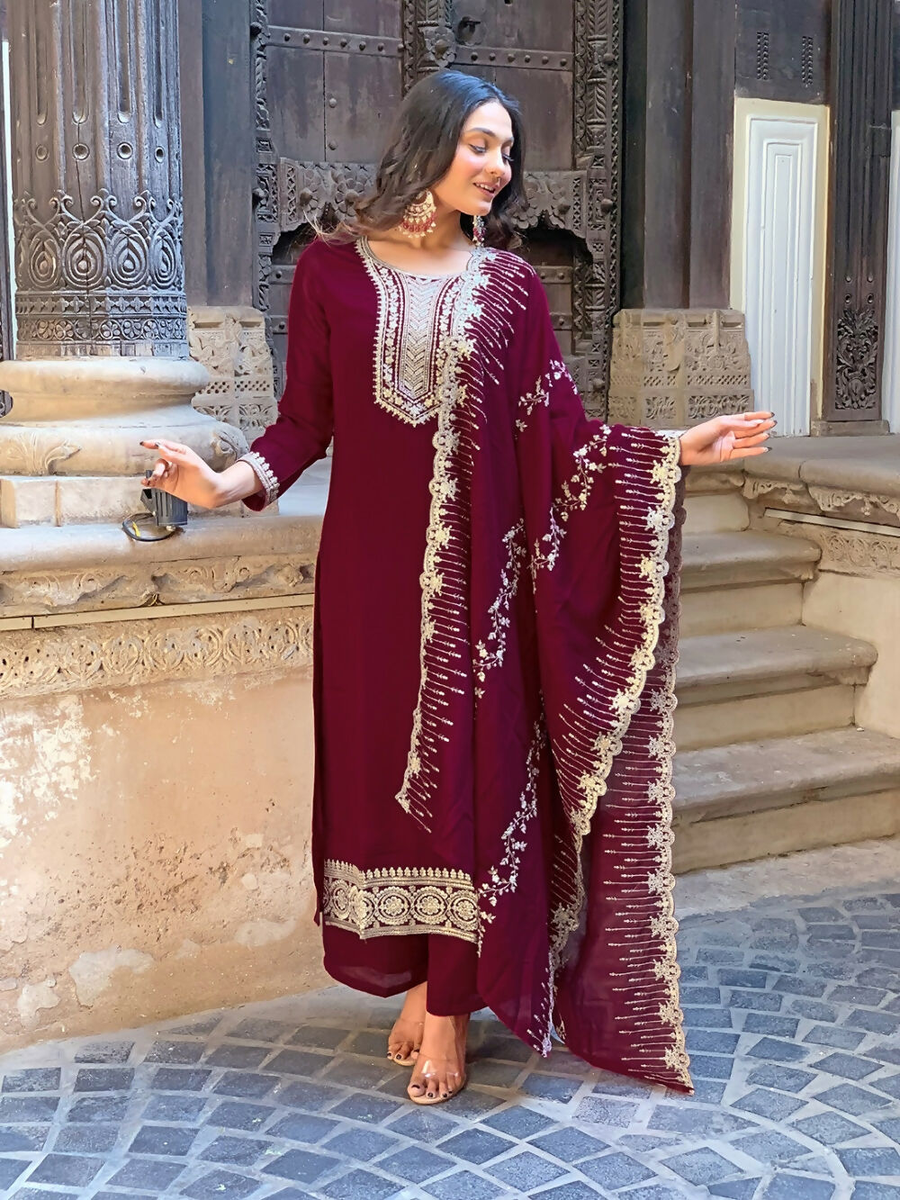 Divine Drape Women's Vichitra Silk Embroidered Straight Kurta Pant With Dupatta - Wine