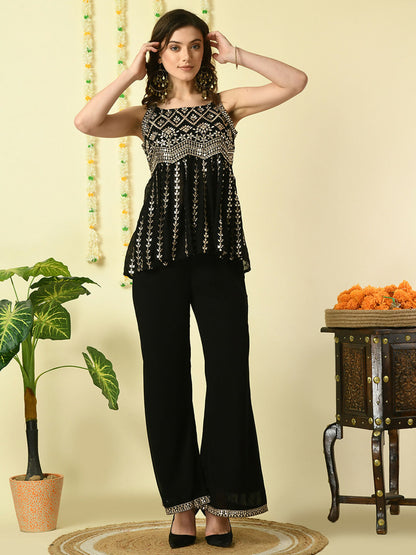 Myshka Women's Black Georgette Top With Palazzos Party Sets - Distacart