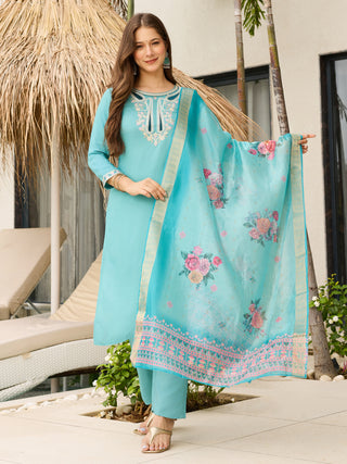 The52 Women's Viscose Embroidery work Straight Kurta with Pant and Dupatta Set