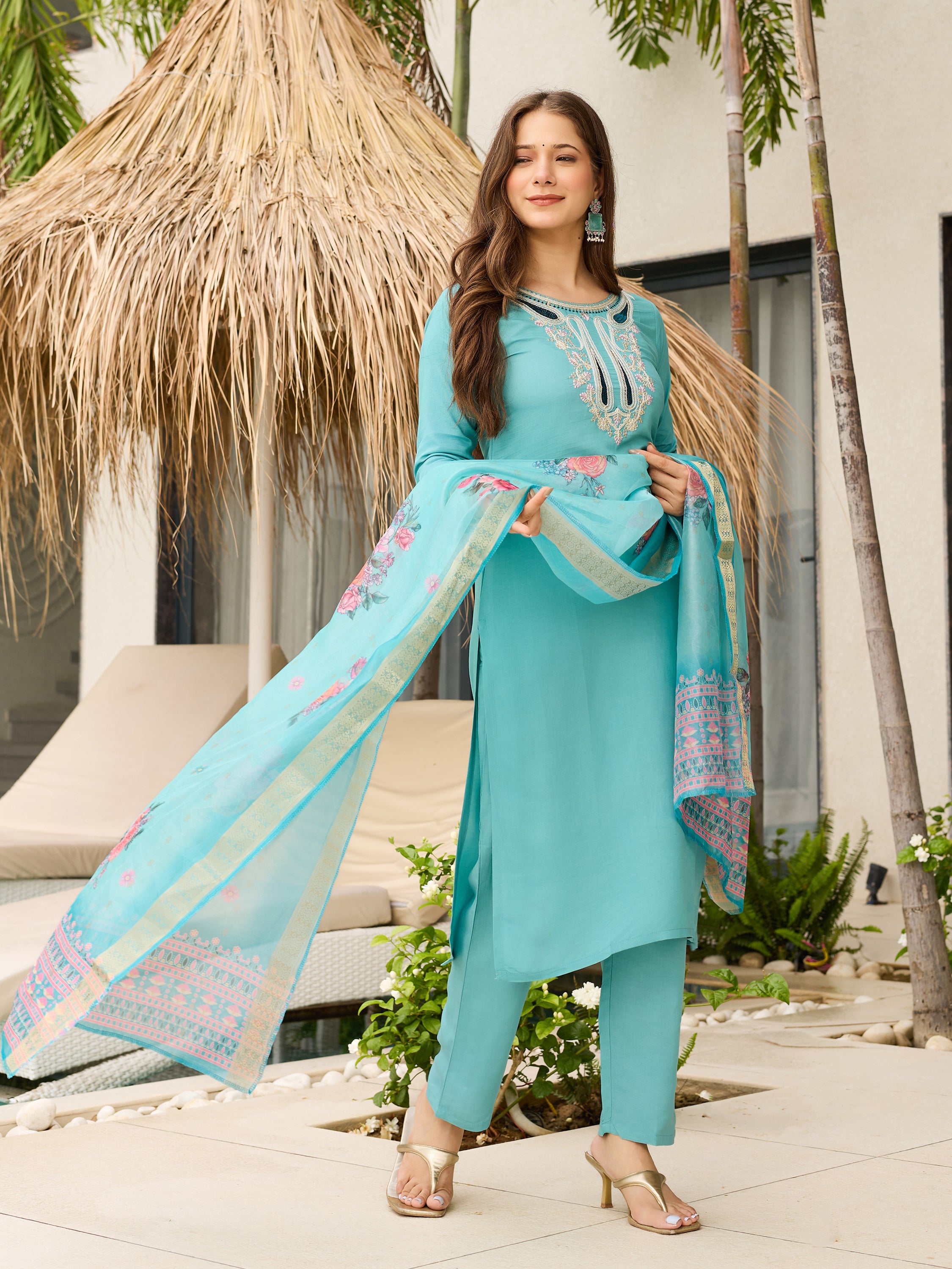 The52 Women's Viscose Embroidery work Straight Kurta with Pant and Dupatta Set