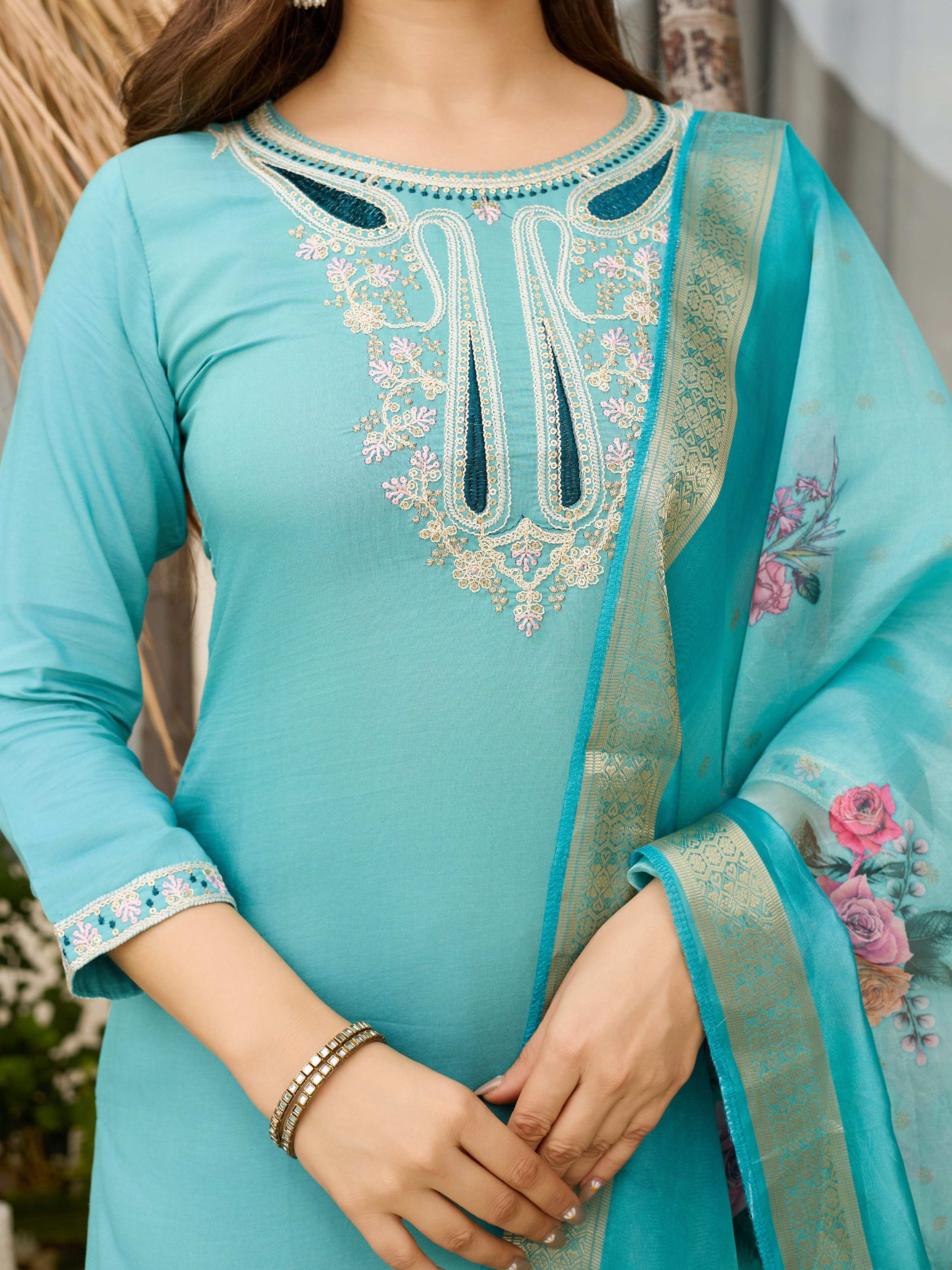 The52 Women's Viscose Embroidery work Straight Kurta with Pant and Dupatta Set