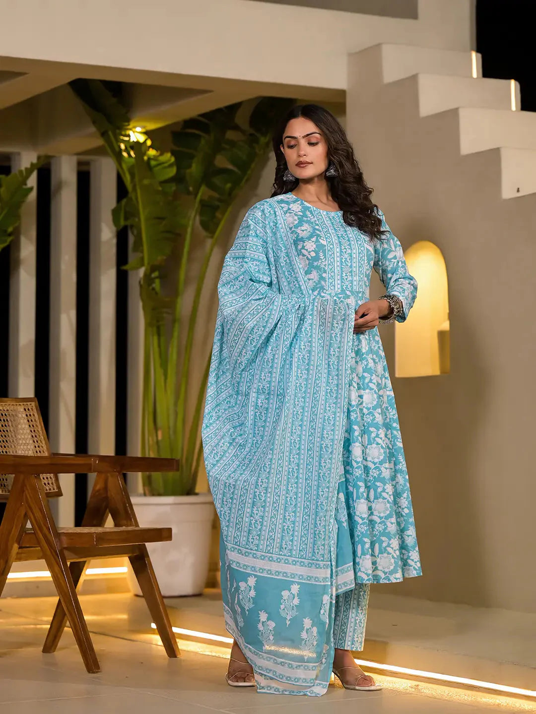 Yufta Sky Blue Cotton Anarkali Style Sequins_Work Kurta With Trousers And Dupatta Set - Distacart