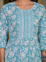 Thumbnail for Yufta Sky Blue Cotton Anarkali Style Sequins_Work Kurta With Trousers And Dupatta Set