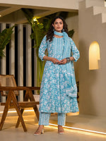 Thumbnail for Yufta Sky Blue Cotton Anarkali Style Sequins_Work Kurta With Trousers And Dupatta Set