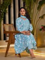 Thumbnail for Yufta Sky Blue Cotton Anarkali Style Sequins_Work Kurta With Trousers And Dupatta Set