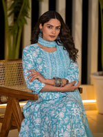 Thumbnail for Yufta Sky Blue Cotton Anarkali Style Sequins_Work Kurta With Trousers And Dupatta Set