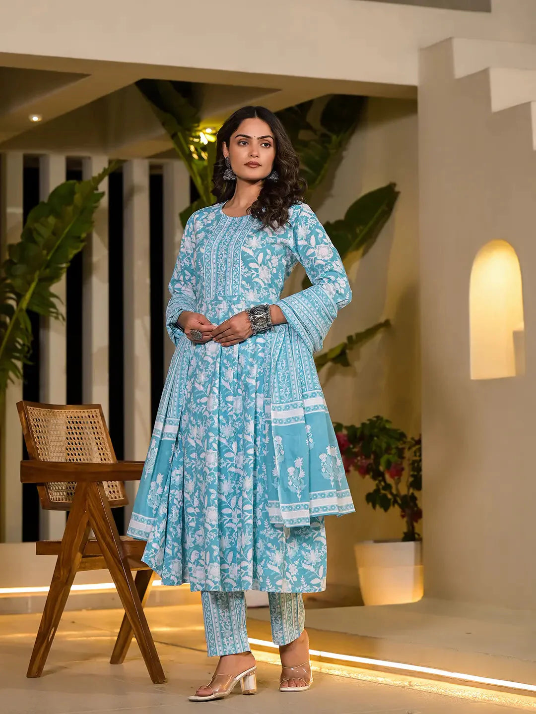 Yufta Sky Blue Cotton Anarkali Style Sequins_Work Kurta With Trousers And Dupatta Set