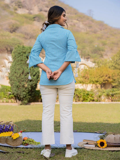 Yufta Sky Blue Cotton Checks Printed Embroidery Top - Distacart