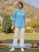 Thumbnail for Yufta Sky Blue Cotton Checks Printed Embroidery Top - Distacart