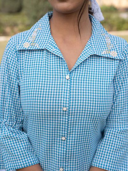 Yufta Sky Blue Cotton Checks Printed Embroidery Top - Distacart