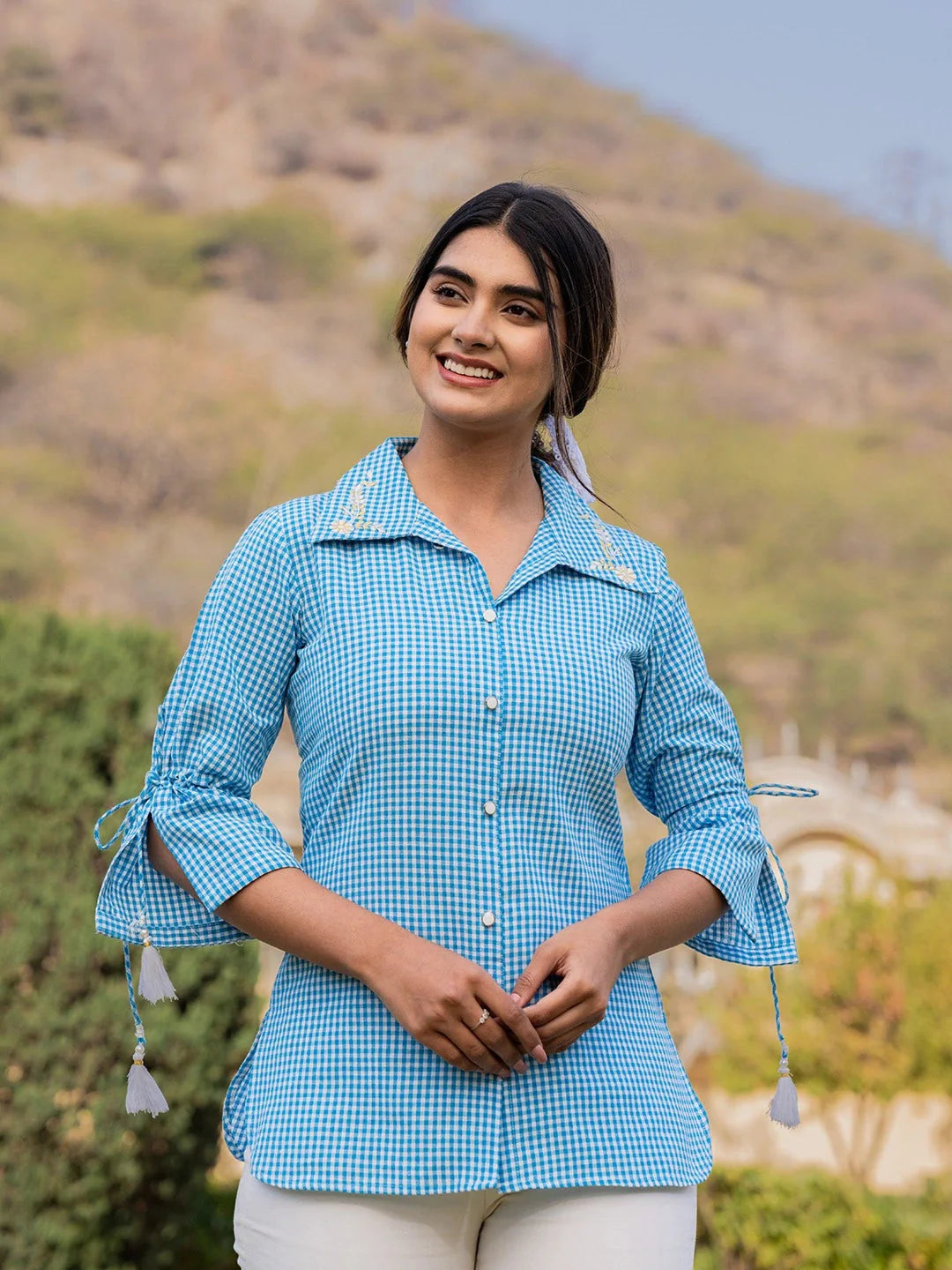Yufta Sky Blue Cotton Checks Printed Embroidery Top - Distacart