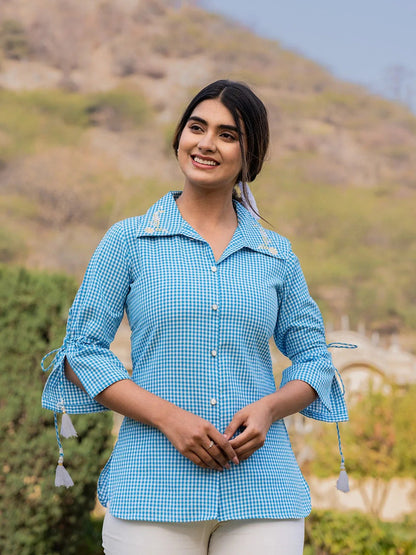 Yufta Sky Blue Cotton Checks Printed Embroidery Top - Distacart