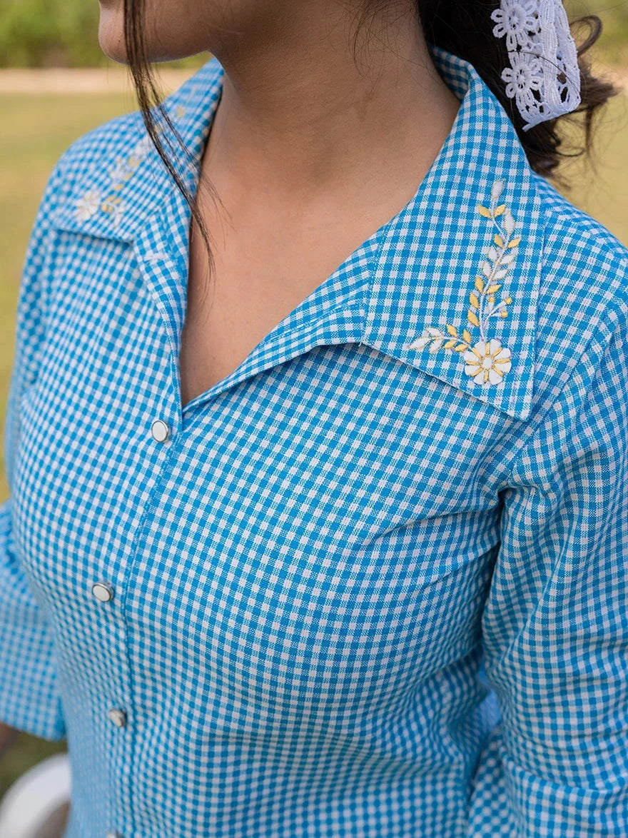 Yufta Sky Blue Cotton Checks Printed Embroidery Top - Distacart
