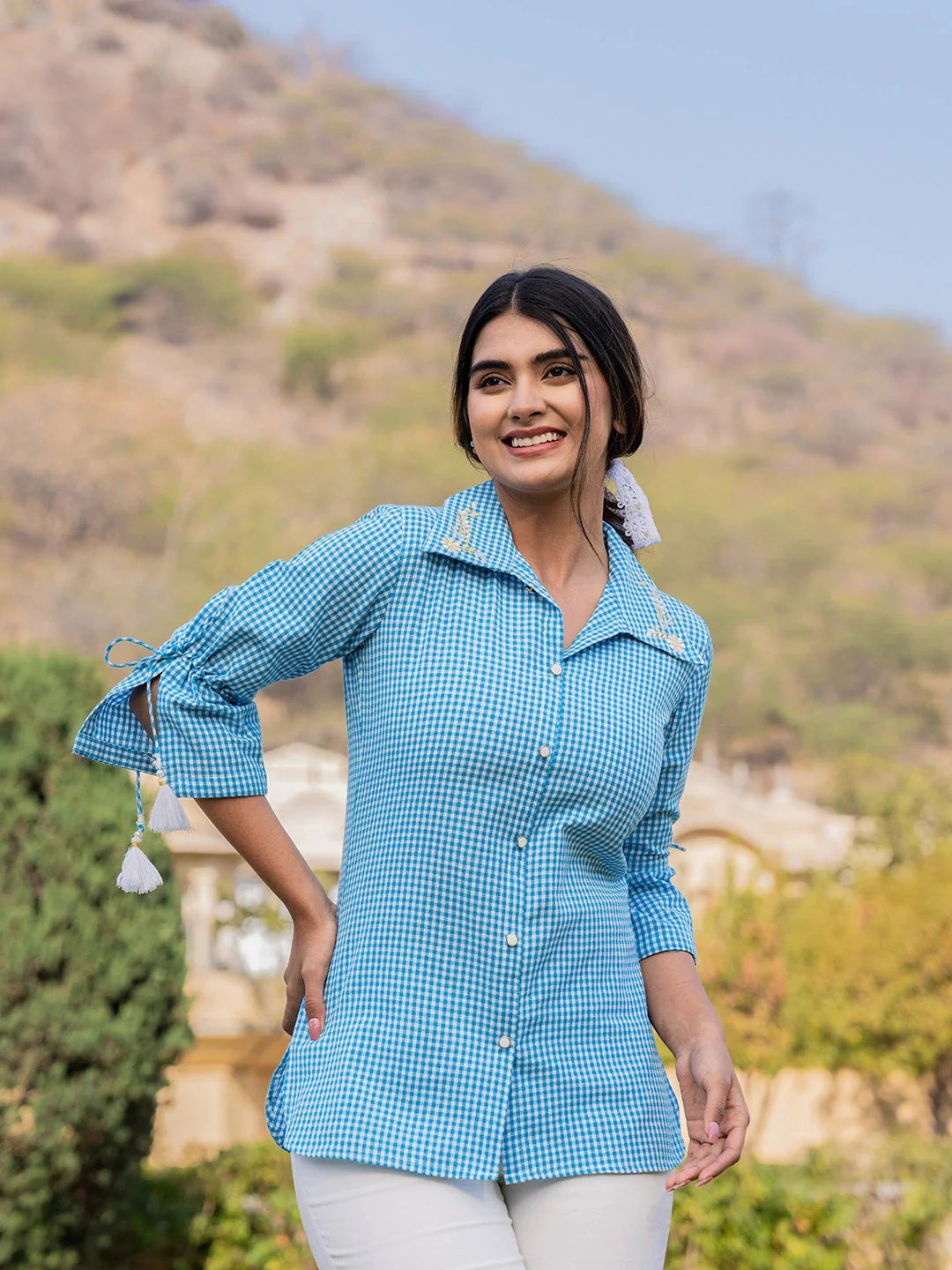 Yufta Sky Blue Cotton Checks Printed Embroidery Top - Distacart