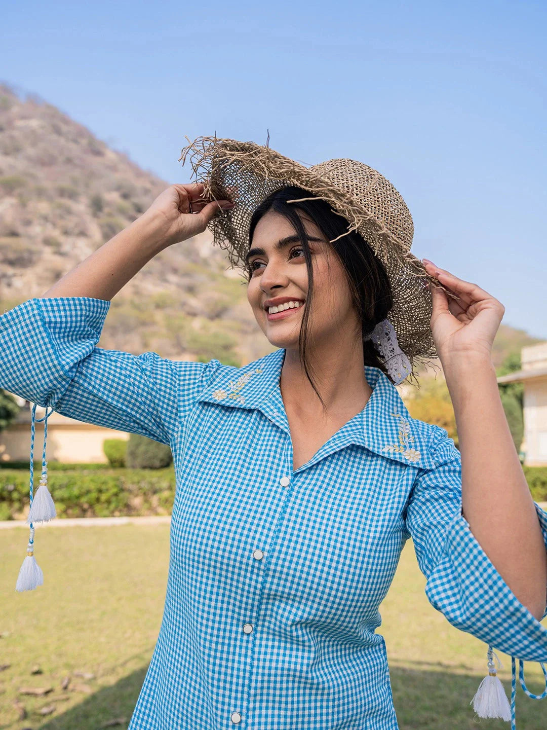 Yufta Sky Blue Cotton Checks Printed Embroidery Top - Distacart