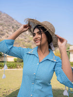 Thumbnail for Yufta Sky Blue Cotton Checks Printed Embroidery Top - Distacart