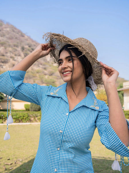 Yufta Sky Blue Cotton Checks Printed Embroidery Top - Distacart