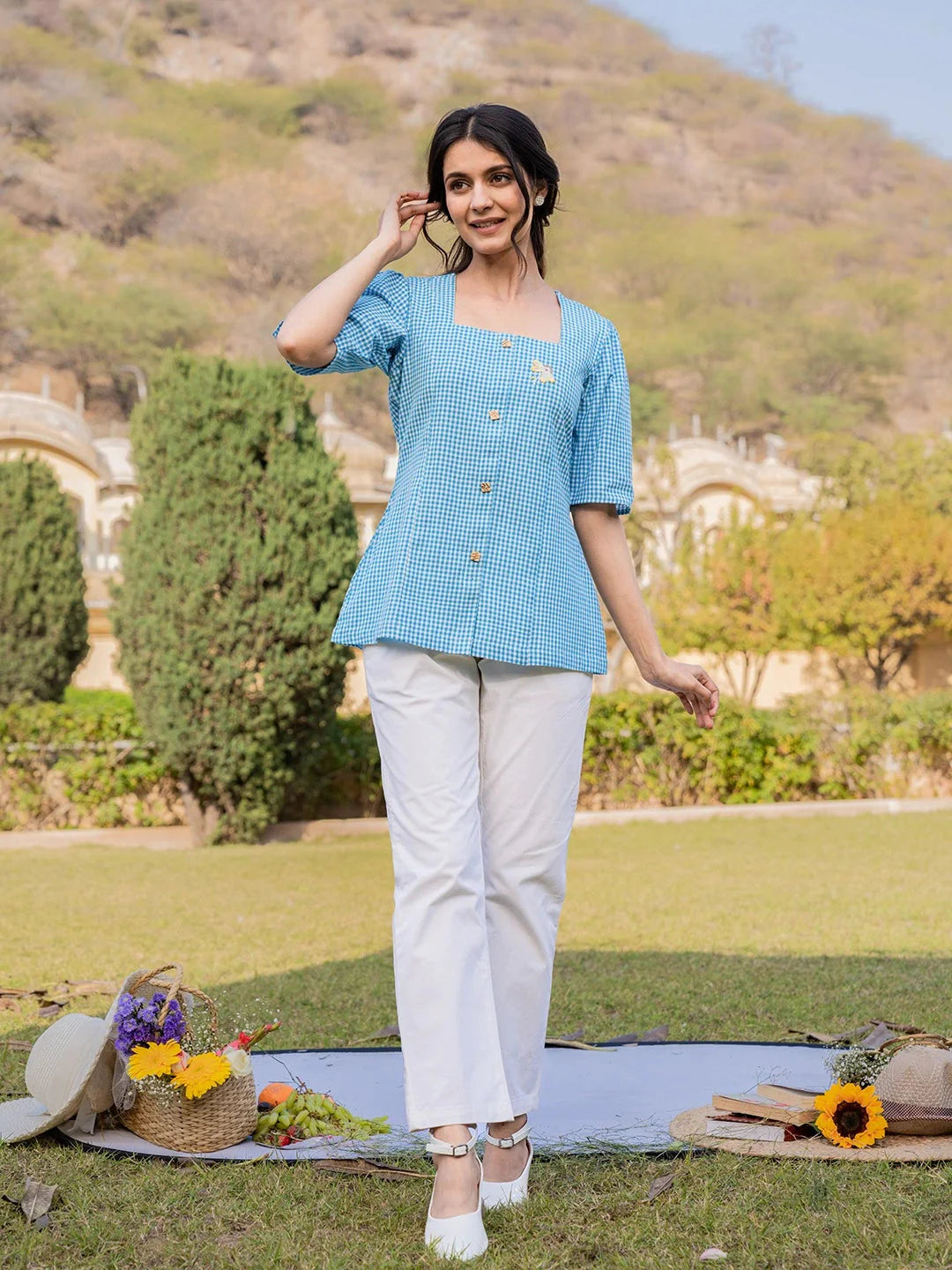 Yufta Sky Blue Cotton Checks Printed Top - Distacart